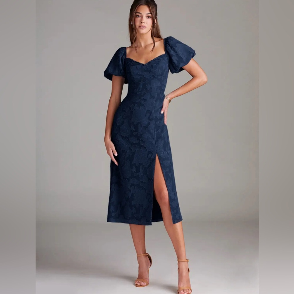 Azazie Navy Puff Sleeve Midi Dress